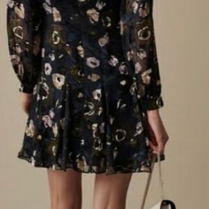 Reiss Navy/Cream Color Floral A-Line Dress with Long Bishop Sleeves
